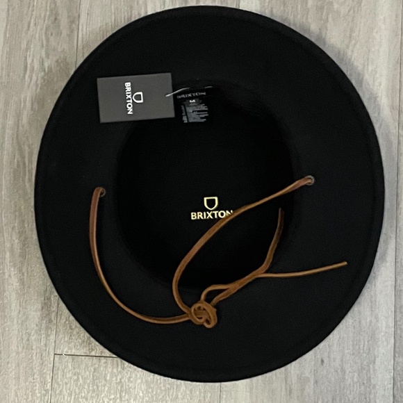 NWT black felt wide brim boho glam Brixton hat with brown suede drawstring tie. main image 9